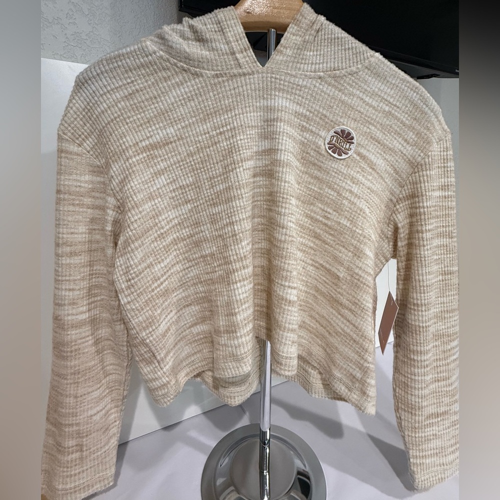 Heathered Beige and white Hooded 3/4 sleeve shirt